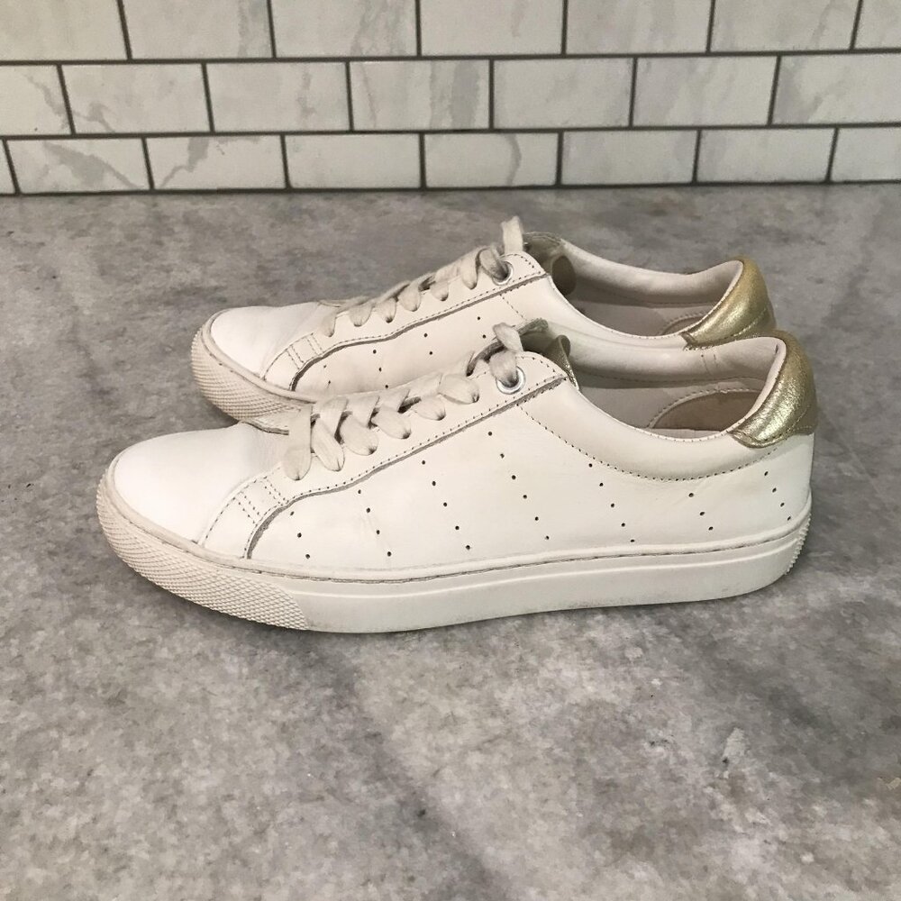 J Crew Shoes Womens Size 6.5 White Gold Leather Low Top Sneakers Casual Clean
